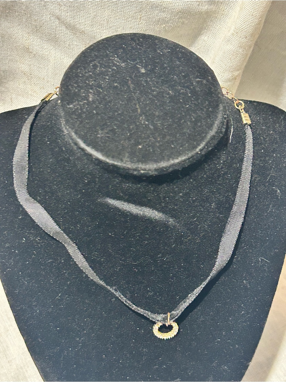 silver tone Circle Pendant on Black Ribbon Necklace